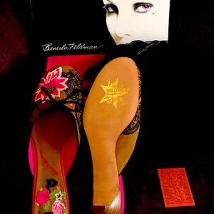 Beverly Feldman slip ons hand beaded with a black tie front NWOT